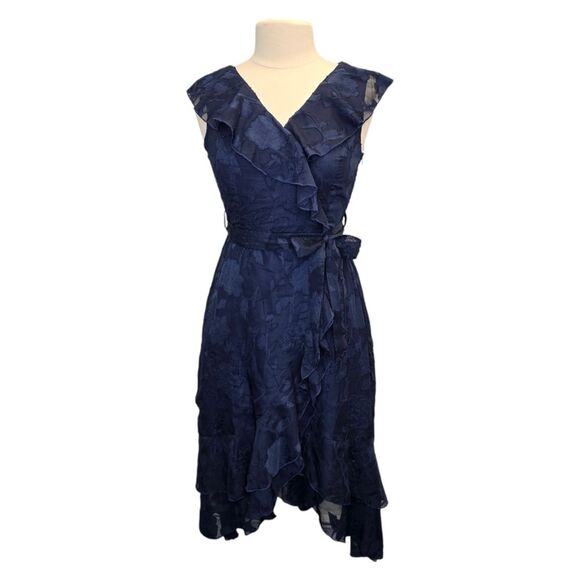 Grace Karin Womens S Dark Blue Floral Faux Wrap Ruffle Sleeveless High Low Dress - Picture 2 of 16